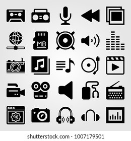 vector conjunto de iconos multimedia. reproductor de música, radio, cámara fotográfica y giratoria