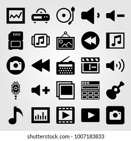 Multimedia icon set vector. musical note, music player, analytics and guitar