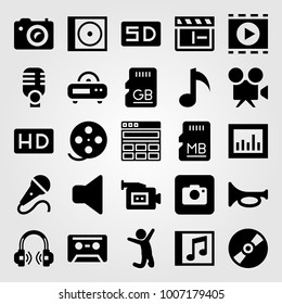Multimedia icon set vector. mute, movie player, sd card and headphones