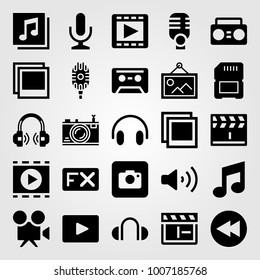 Multimedia icon set vector. photo, photo camera, cassette and mic
