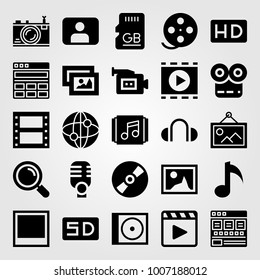 Multimedia icon set vector. playlist, memory, microphone and loupe