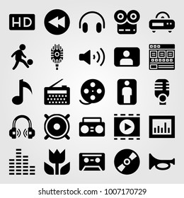 Multimedia icon set vector. speaker, film roll, movie player and sound bars