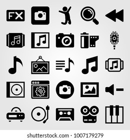 Multimedia icon set vector. turntable, keyboard, film roll and picture
