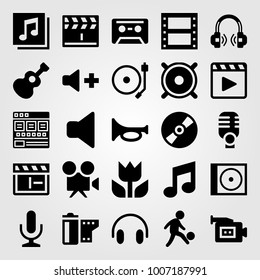 Multimedia icon set vector. turntable, trumpet, guitar and man
