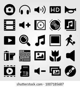 Multimedia icon set vector. video player, loupe, browser and film roll