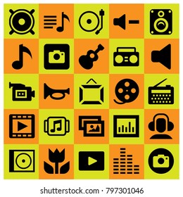 Multimedia icon set vector. video camera, video player, frame and turntable