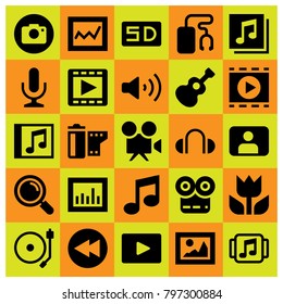 Multimedia icon set vector. volume, video camera, photo camera and user