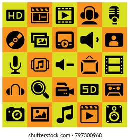 Multimedia icon set vector. volume, sd card, photo camera and headphones