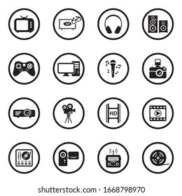 Multimedia Icons. Black Flat Design In Circle. Vector Illustration.