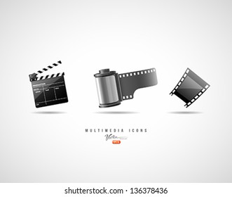 Multimedia icons, Camera film roll, film strip, Clapper board, Vector illustration