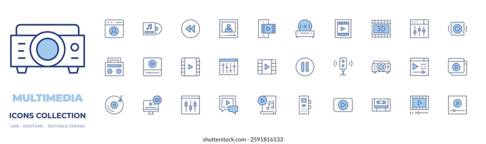 Multimedia icons collection. Line Duotone style, editable stroke. video, cd player, tape recorder, smartphone, equalizer, profile, music album, settings, play.