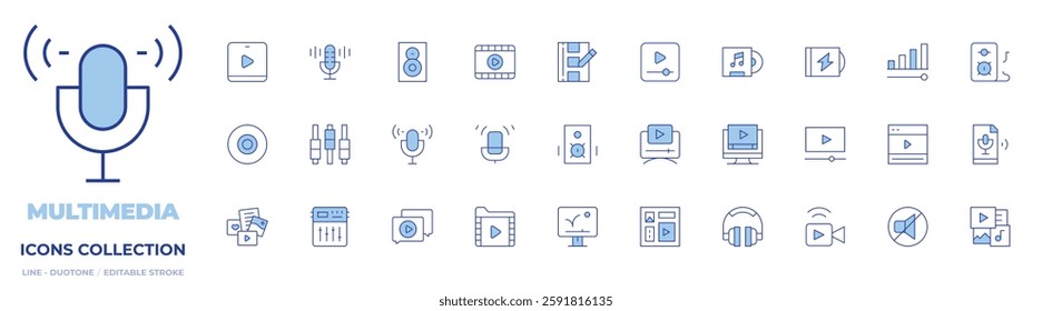 Multimedia icons collection. Line Duotone style, editable stroke. speaker, cd, video chat, tutorial, microphone, live stream, settings, headphones, voice control.