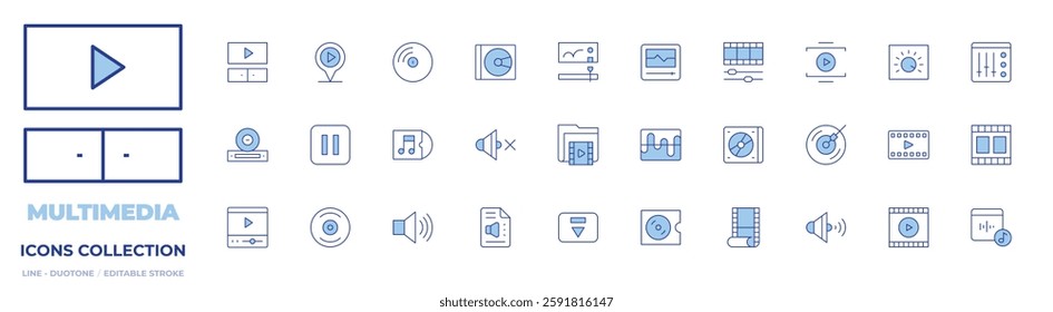 Multimedia icons collection. Line Duotone style, editable stroke. dj music, play, frame, control, sound, video player, streaming, mixer, transcription, vinyl, cd, movie.