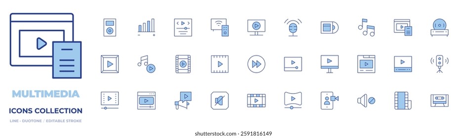 Multimedia icons collection. Line Duotone style, editable stroke. cd player, cassette, speaker, video tutorial, video player, player, mute, podcast, film, music, play.