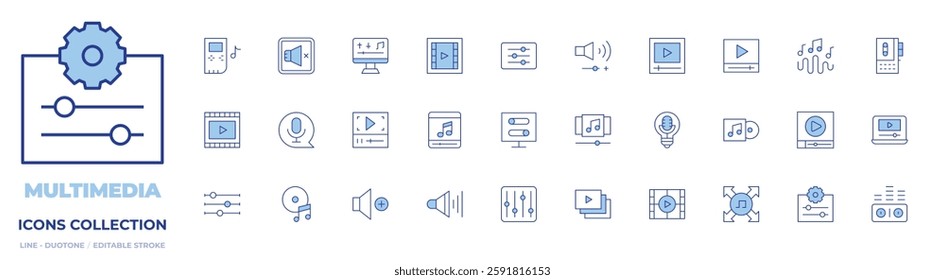 Multimedia icons collection. Line Duotone style, editable stroke. compact disc, playlist, sound waves, bit, settings, music wave, microphone, volume, video, film.