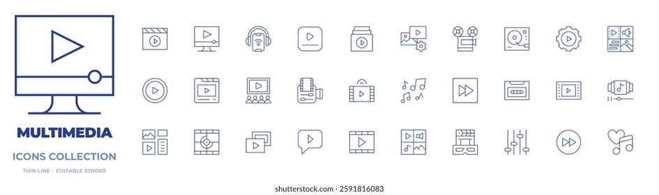 Multimedia icons collection. Thin Line icons, editable stroke. video, podcast, content, movie, video player, play, content management, turntable, equalizer.