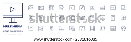 Multimedia icons collection. Thin Line icons, editable stroke. video tutorial, video player, sound editing, video, podcast, film, sound mixer, video file, mute.