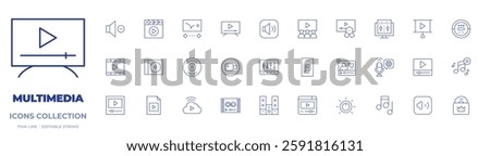 Multimedia icons collection. Thin Line icons, editable stroke. disk, sport, streaming, sound editing, animation, notes, media, video, video file, control, cd, audio.