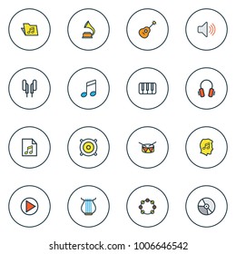 Multimedia icons colored line set with play, gramophone, barrel and other loudspeakers elements. Isolated vector illustration multimedia icons.