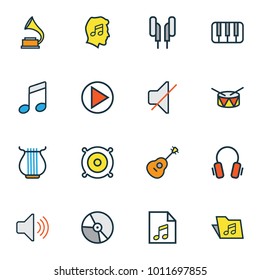 Multimedia icons colored line set with list, circle, loudspeakers and other loudspeakers elements. Isolated vector illustration multimedia icons.