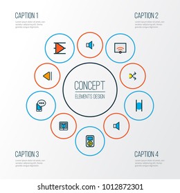 Multimedia icons colored line set with signal, e-reader, previous and other randomize elements. Isolated vector illustration multimedia icons.