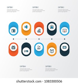 Multimedia icons colored line set with communication antenna, photo apparatus, wifi and other camera elements. Isolated vector illustration multimedia icons.