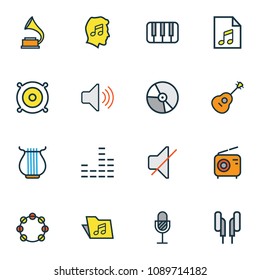 Multimedia icons colored line set with radio, timbrel, folder and other loudspeakers elements. Isolated vector illustration multimedia icons.
