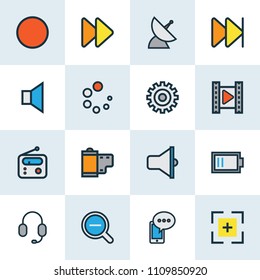 Multimedia icons colored line set with film, cinema, zoom out and other headset elements. Isolated vector illustration multimedia icons.