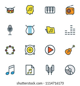 Multimedia icons colored line set with speaker, strings, vinyl and other mixer elements. Isolated vector illustration multimedia icons.