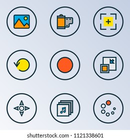Multimedia icons colored line set with loading, minimize, full screen and other picture elements. Isolated vector illustration multimedia icons.