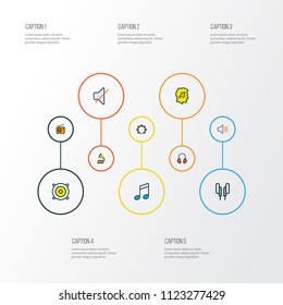 Multimedia icons colored line set with timbrel, speaker, music level and other set elements. Isolated vector illustration multimedia icons.