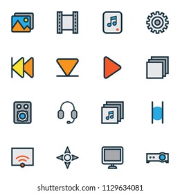 Multimedia icons colored line set with multimedia, video, albums and other bottom elements. Isolated vector illustration multimedia icons.