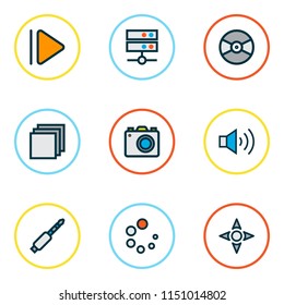 Multimedia icons colored line set with upward, jack, media server and other turntable elements. Isolated vector illustration multimedia icons.