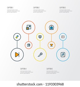 Multimedia icons colored line set with web cam, albums, end and other chart elements. Isolated vector illustration multimedia icons.