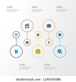 Multimedia icons colored line set with movie clap, clapperboard, emoji and other karaoke elements. Isolated vector illustration multimedia icons.