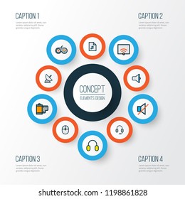 Multimedia icons colored line set with computer mouse, communication antenna, joystick and other playlist elements. Isolated vector illustration multimedia icons.