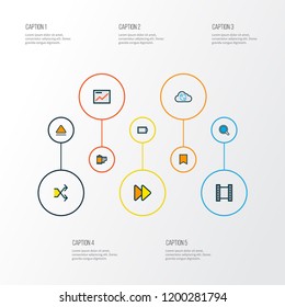 Multimedia icons colored line set with eject, search, video and other randomize elements. Isolated vector illustration multimedia icons.