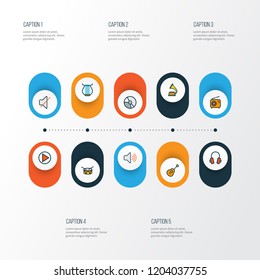 Multimedia icons colored line set with headphone, radio, phonograph and other barrel elements. Isolated vector illustration multimedia icons.