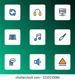 Multimedia icons colored line set with eject, music, headphone and other top elements. Isolated vector illustration multimedia icons.