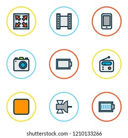 Multimedia icons colored line set with satellite, energy, charge and other enlarge elements. Isolated vector illustration multimedia icons.