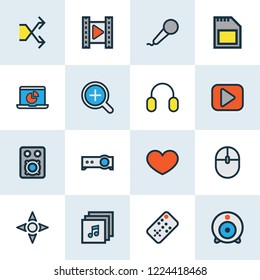 Multimedia icons colored line set with remote, sd card, begin and other zoom in elements. Isolated vector illustration multimedia icons.