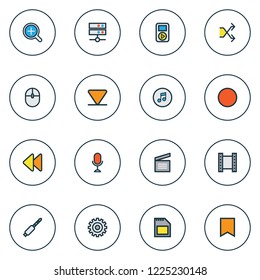 Multimedia icons colored line set with arrow down, jack, sd card and other zoom in elements. Isolated vector illustration multimedia icons.