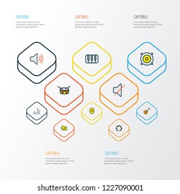 Multimedia icons colored line set with guitar, fanatic, drum and other loudspeakers elements. Isolated vector illustration multimedia icons.