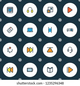 Multimedia icons colored line set with next, minimize, remote and other controller elements. Isolated vector illustration multimedia icons.