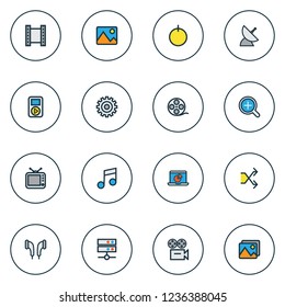 Multimedia icons colored line set with shuffle, monitor, communication antenna and other gallery elements. Isolated vector illustration multimedia icons.