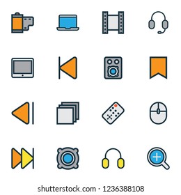 Multimedia icons colored line set with amplifier, film, headphone and other film elements. Isolated vector illustration multimedia icons.