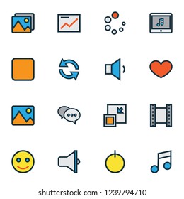 Multimedia icons colored line set with loudspeaker, favorite, minimize and other film elements. Isolated vector illustration multimedia icons.