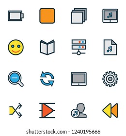 Multimedia icons colored line set with playlist, emoji, artist and other composer elements. Isolated vector illustration multimedia icons.