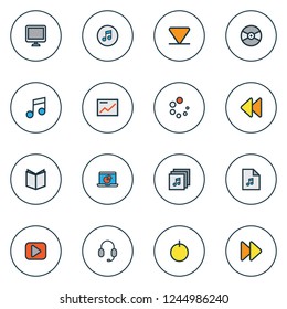 Multimedia icons colored line set with loading, display, rewind and other bottom elements. Isolated vector illustration multimedia icons.