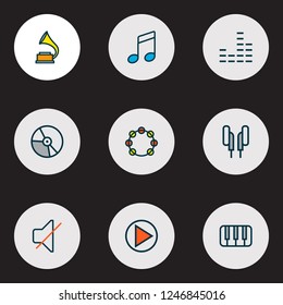 Multimedia icons colored line set with notes, phonograph, vinyl and other mute elements. Isolated vector illustration multimedia icons.